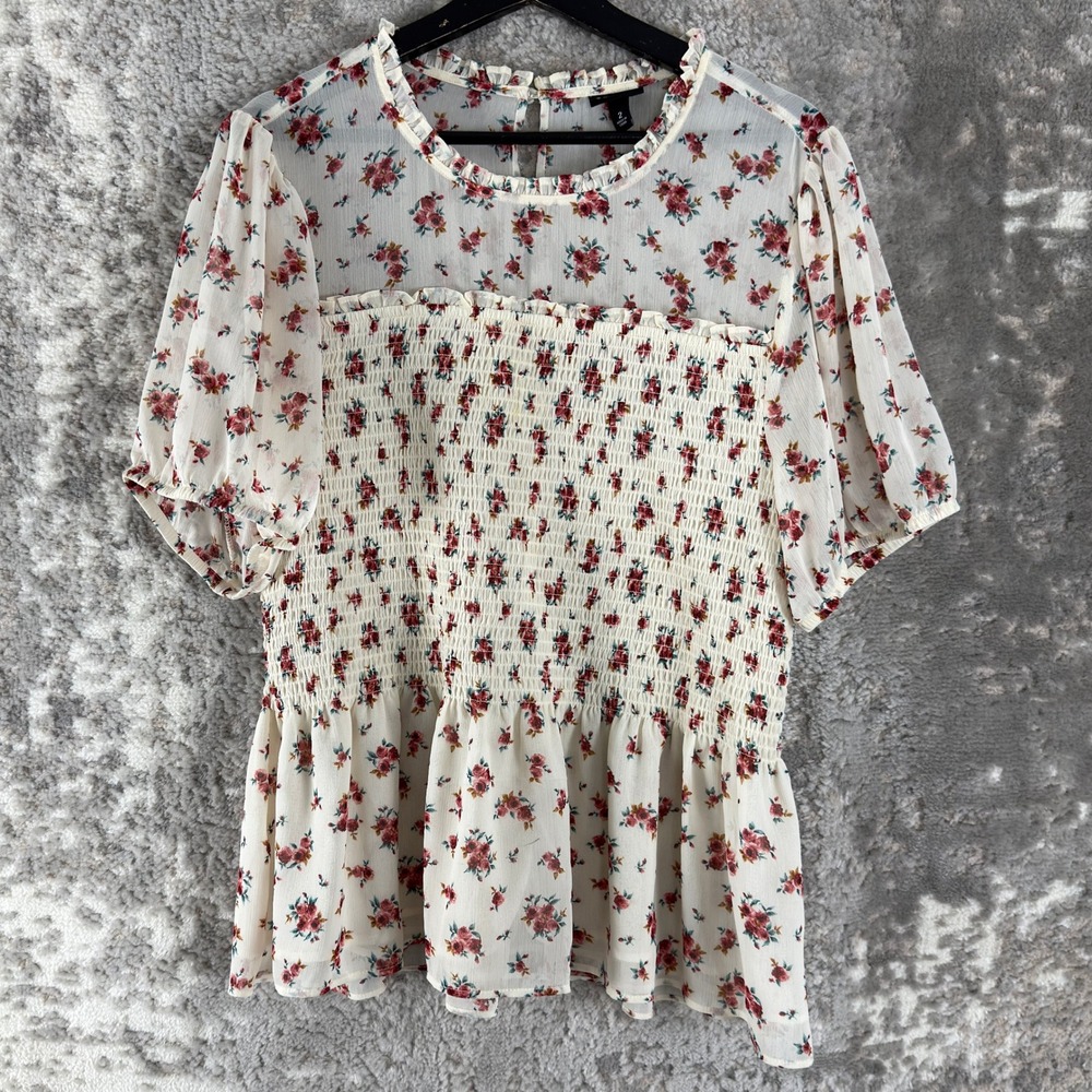 Torrid Plus Size 2 Smocked Floral Peplum Chiffon Top Ivory Short Sleeve Womens